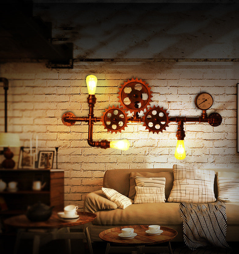 Industrial Water Pipe Wall Mounted Light Fixture Metal 3 Lights Sconce Lights