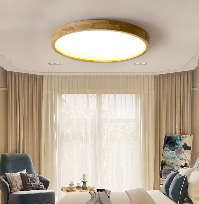 Plafonnier LED circulaire couleur rondin, plafonnier en bois de Style concis moderne avec abat-jour en acrylique