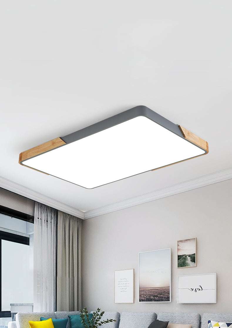 Rectangular Wood Flush Mount 1-Light Modern Ceiling Light Fixture for Living Room