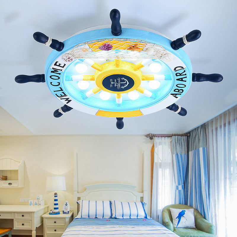Mediterranean Flushmount Light Creative Cartoon Boat Rudder Personality Boy and Girl Bedroom Study Resin Energy-saving Lamps