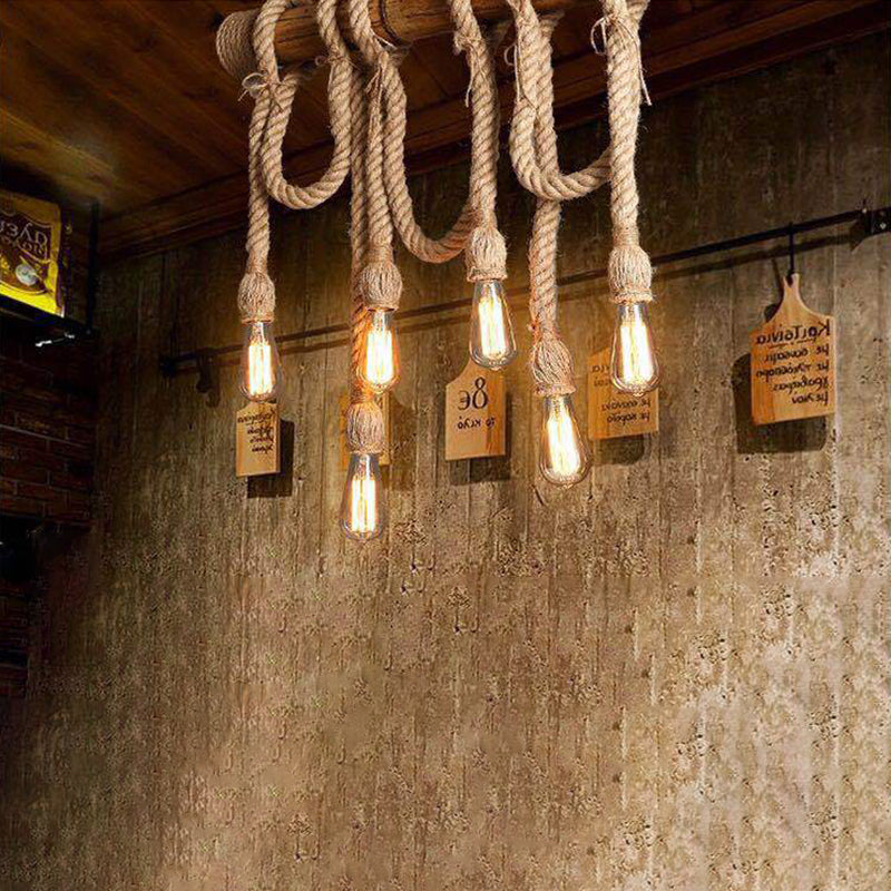 Exposed Bulb Island Chandelier Lights Retro Industrial Style Rope Chandelier Lighting Fixtures for Dining Table