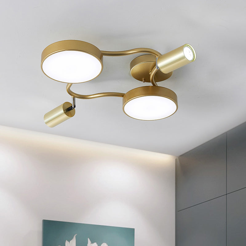 Metal Circular Semi Flush Mount Modern 4 Bulbs Gold Close to Ceiling Lighting for Bedroom