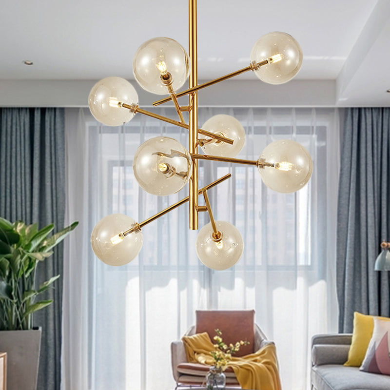 Modern Globe Hanging Ceiling Light Cognac Glass 6/8 Heads Bedroom Chandelier Lighting with Starburst Design