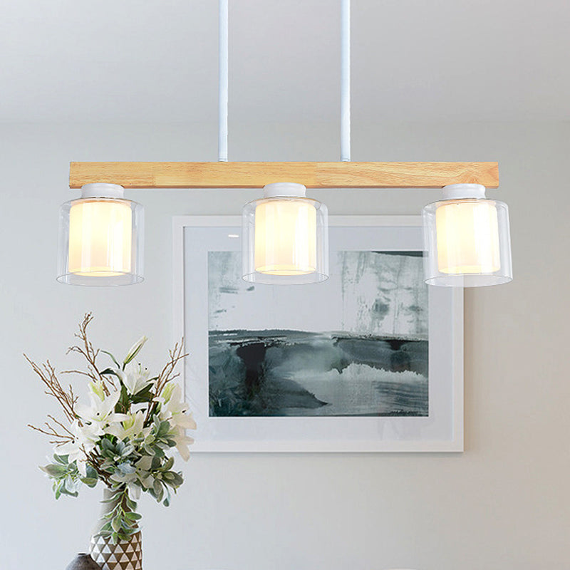 Nordic Linear Island Light Wood 3/4 Heads Dining Room Hanging Lamp with Cylinder White Glass Shade Inside