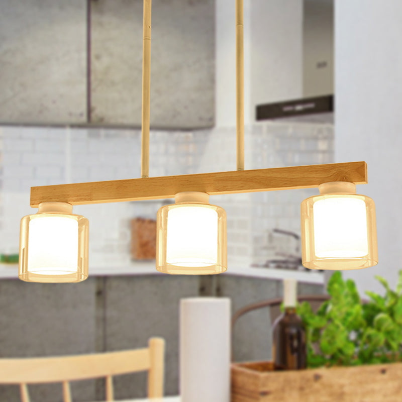 Nordic Linear Island Light Wood 3/4 Heads Dining Room Hanging Lamp with Cylinder White Glass Shade Inside