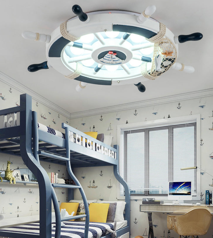 Salle des enfants Plafond Fixation de la lumière Creative Boy Bedroom Study Cartoon Pirate Ship Rudder Mediterranean Style LED LED