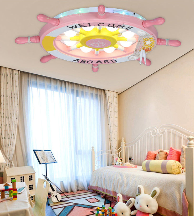 Salle des enfants Plafond Fixation de la lumière Creative Boy Bedroom Study Cartoon Pirate Ship Rudder Mediterranean Style LED LED