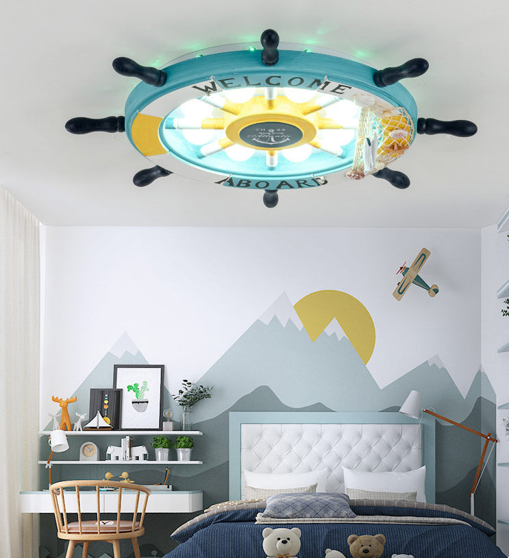 Salle des enfants Plafond Fixation de la lumière Creative Boy Bedroom Study Cartoon Pirate Ship Rudder Mediterranean Style LED LED