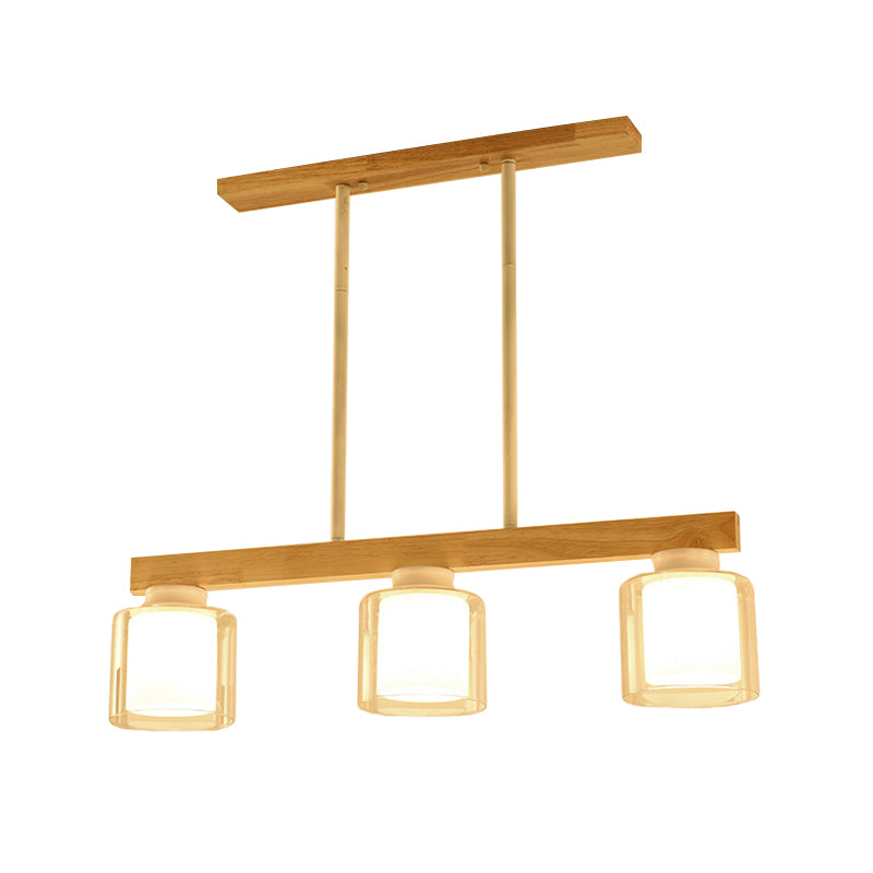 Nordic Linear Island Light Wood 3/4 Heads Dining Room Hanging Lamp with Cylinder White Glass Shade Inside
