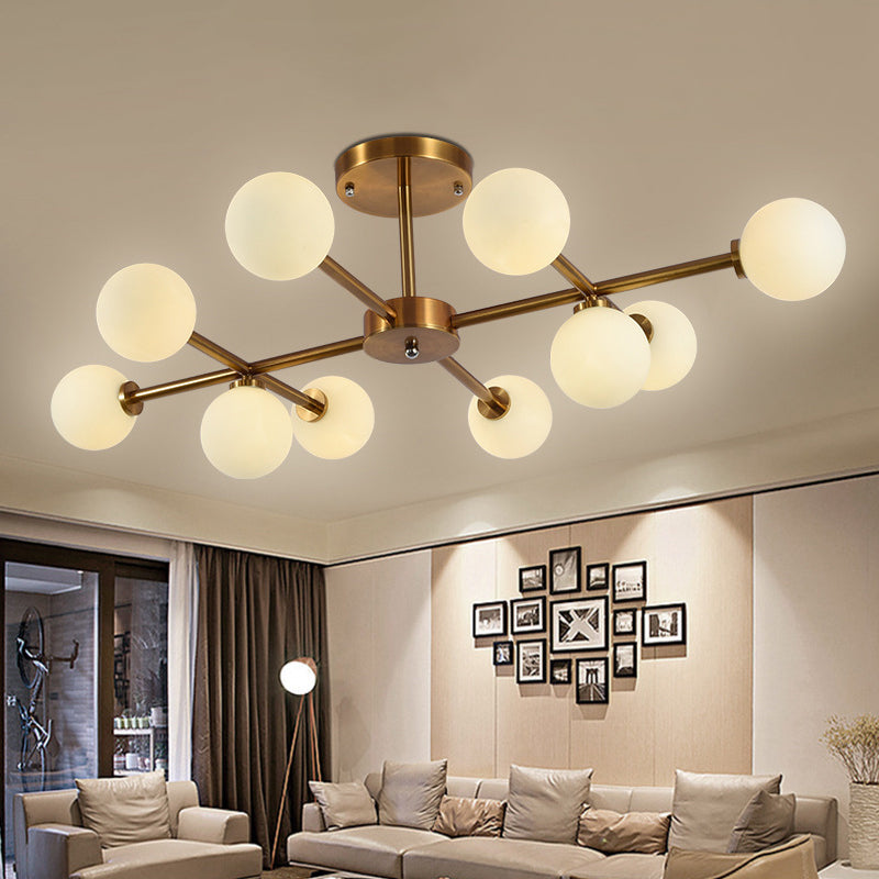 Living Room Semi Flush Light Fixture Minimalist Gold Semi Mount Lighting with Round Glass Shade