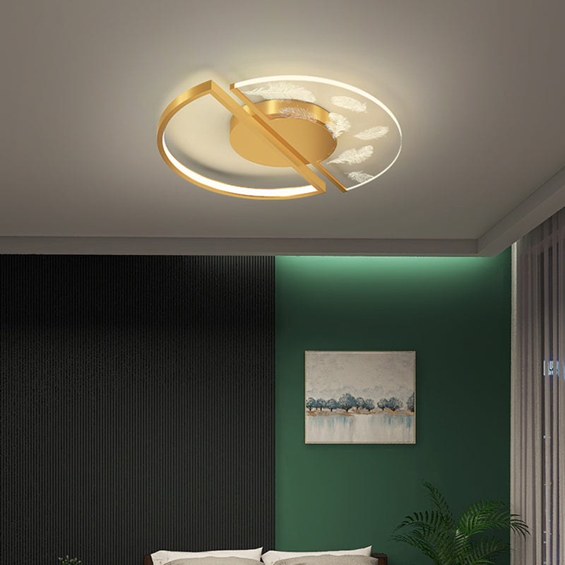 Gold Circular Feather LED Ceiling Light in Modern Luxury Style Acrylic Flush Mount for Bedroom