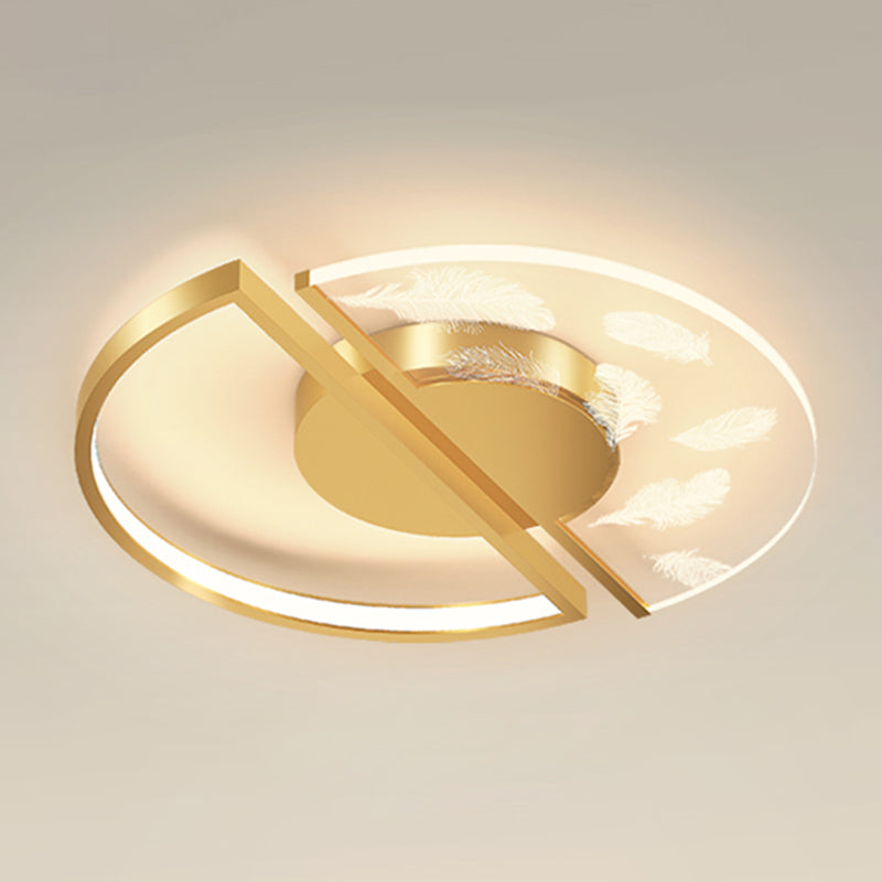 Gold Circular Feather LED Ceiling Light in Modern Luxury Style Acrylic Flush Mount for Bedroom