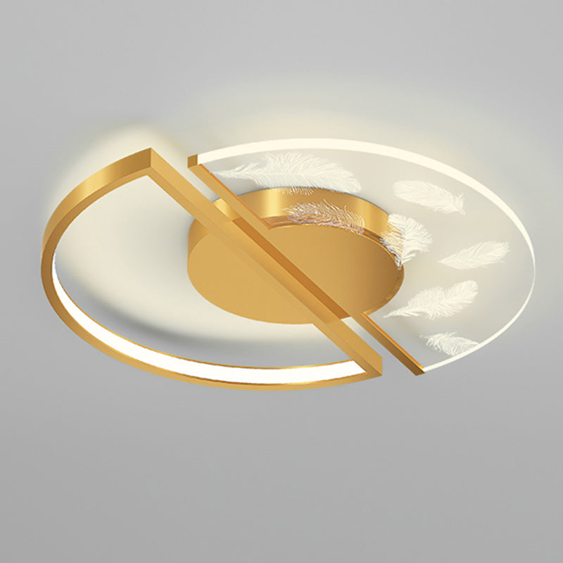 Gold Circular Feather LED Ceiling Light in Modern Luxury Style Acrylic Flush Mount for Bedroom
