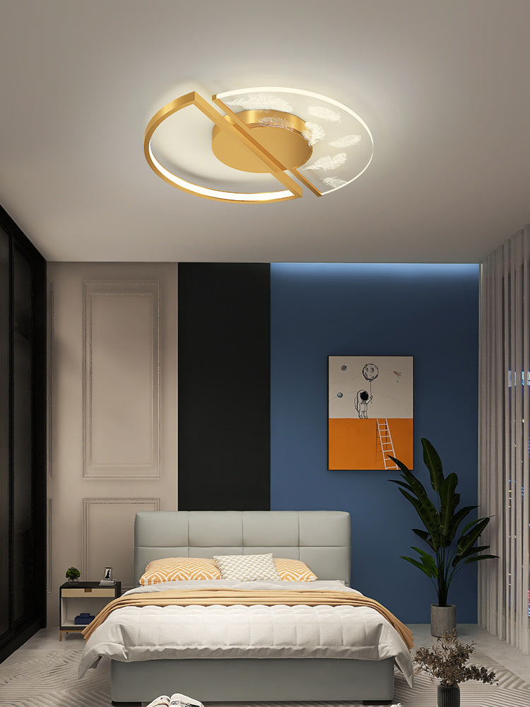 Gold Circular Feather LED Ceiling Light in Modern Luxury Style Acrylic Flush Mount for Bedroom
