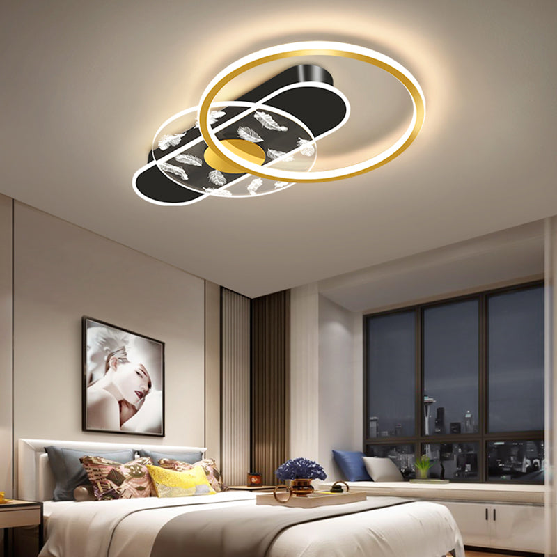 Black and Gold LED Semi Flush Mount in Modern Concise Style Circular Feather Ceiling Light with Acrylic Shade