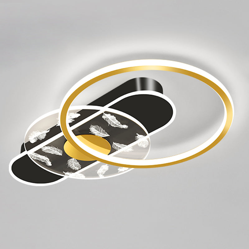 Black and Gold LED Semi Flush Mount in Modern Concise Style Circular Feather Ceiling Light with Acrylic Shade