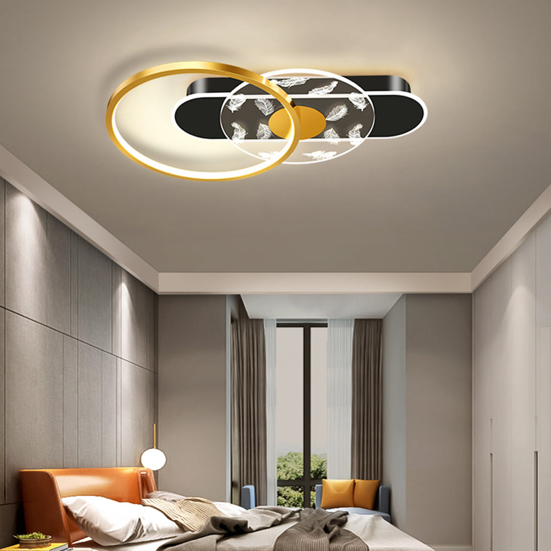 Black and Gold LED Semi Flush Mount in Modern Concise Style Circular Feather Ceiling Light with Acrylic Shade