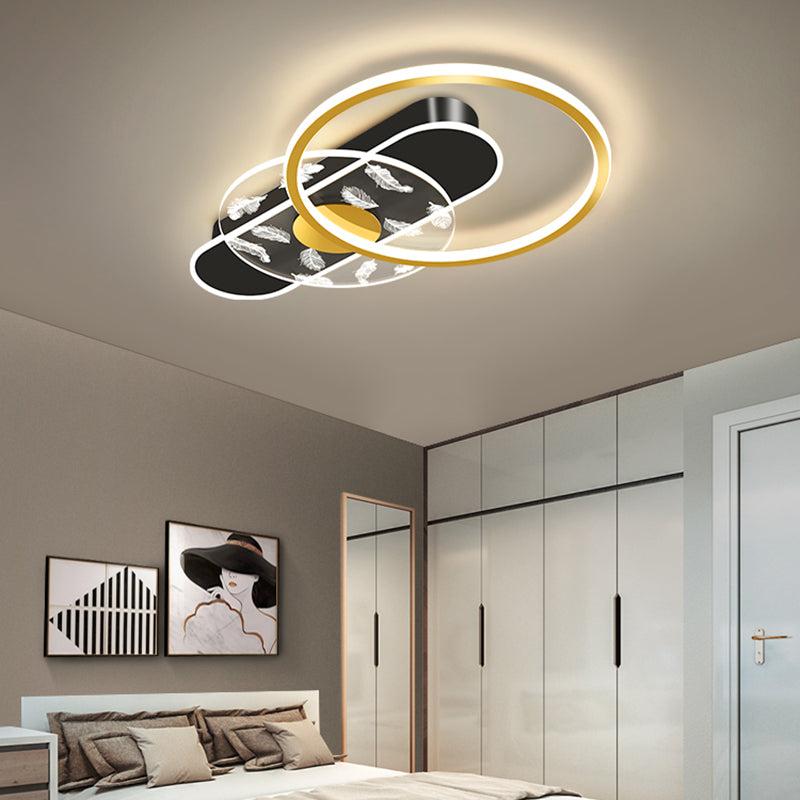 Black and Gold LED Semi Flush Mount in Modern Concise Style Circular Feather Ceiling Light with Acrylic Shade
