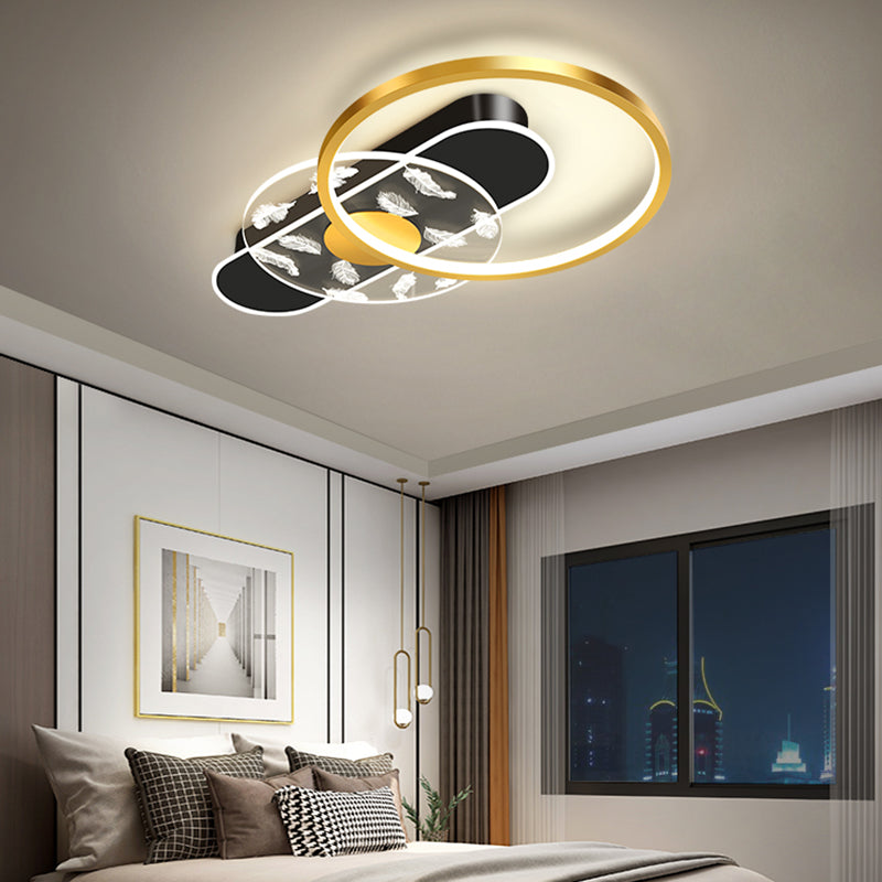 Black and Gold LED Semi Flush Mount in Modern Concise Style Circular Feather Ceiling Light with Acrylic Shade