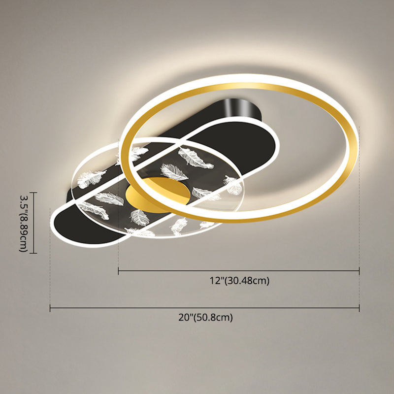 Black and Gold LED Semi Flush Mount in Modern Concise Style Circular Feather Ceiling Light with Acrylic Shade