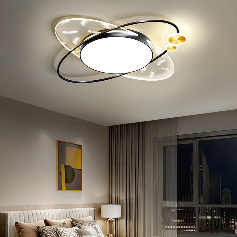 Modern Creative Feather LED Semi Flush Mount Circular Wrought Iron Ceiling Light with Acrylic Shade