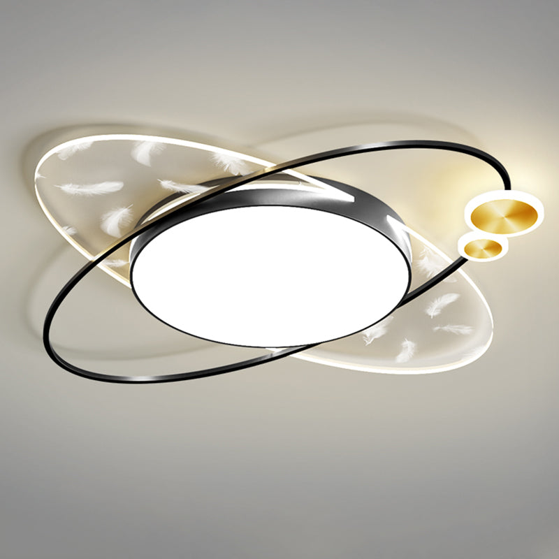 Modern Creative Feather LED Semi Flush Mount Circular Wrought Iron Ceiling Light with Acrylic Shade