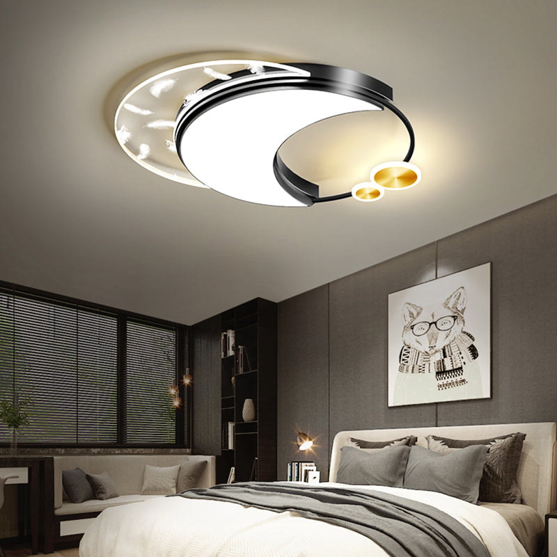Modern Creative Feather LED Semi Flush Mount Circular Wrought Iron Ceiling Light with Acrylic Shade