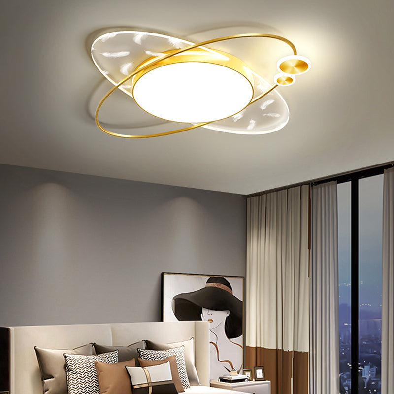 Modern Creative Feather LED Semi Flush Mount Circular Wrought Iron Ceiling Light with Acrylic Shade