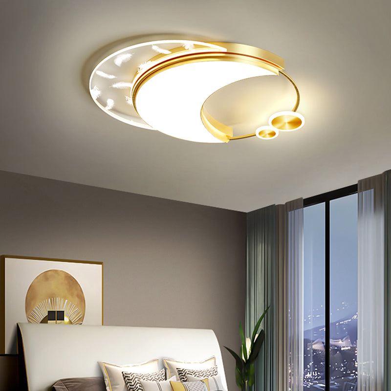 Modern Creative Feather LED Semi Flush Mount Circular Wrought Iron Ceiling Light with Acrylic Shade