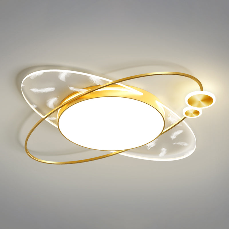 Modern Creative Feather LED Semi Flush Mount Circular Wrought Iron Ceiling Light with Acrylic Shade