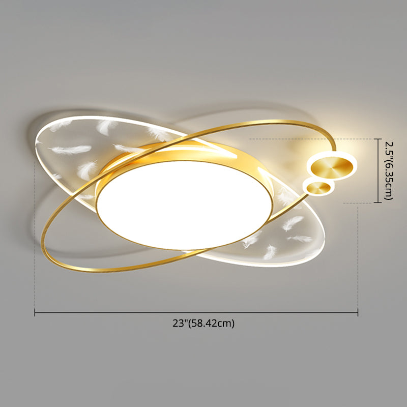 Modern Creative Feather LED Semi Flush Mount Circular Wrought Iron Ceiling Light with Acrylic Shade