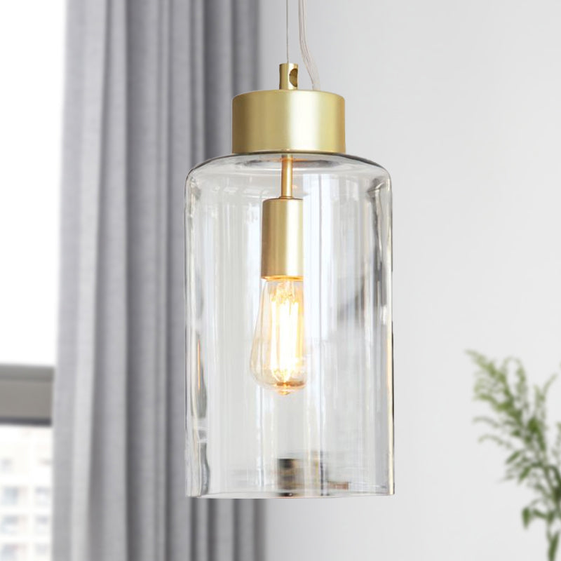 Brass Cylinder Hanging Light Fixture Modernism 1 Head Clear Glass Pendant Ceiling Light