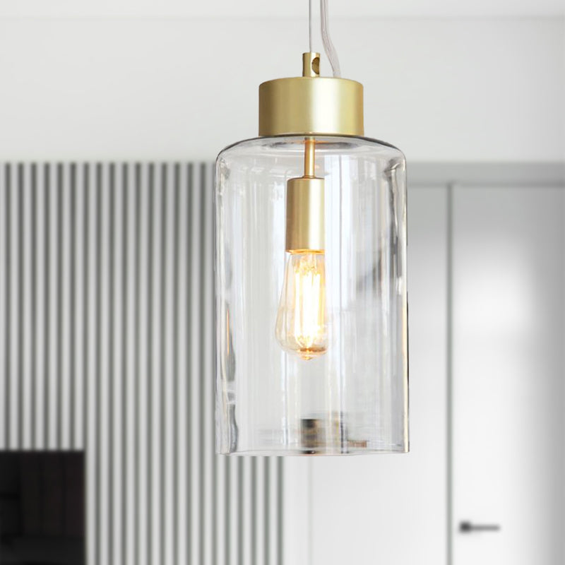 Brass Cylinder Hanging Light Fixture Modernism 1 Head Clear Glass Pendant Ceiling Light