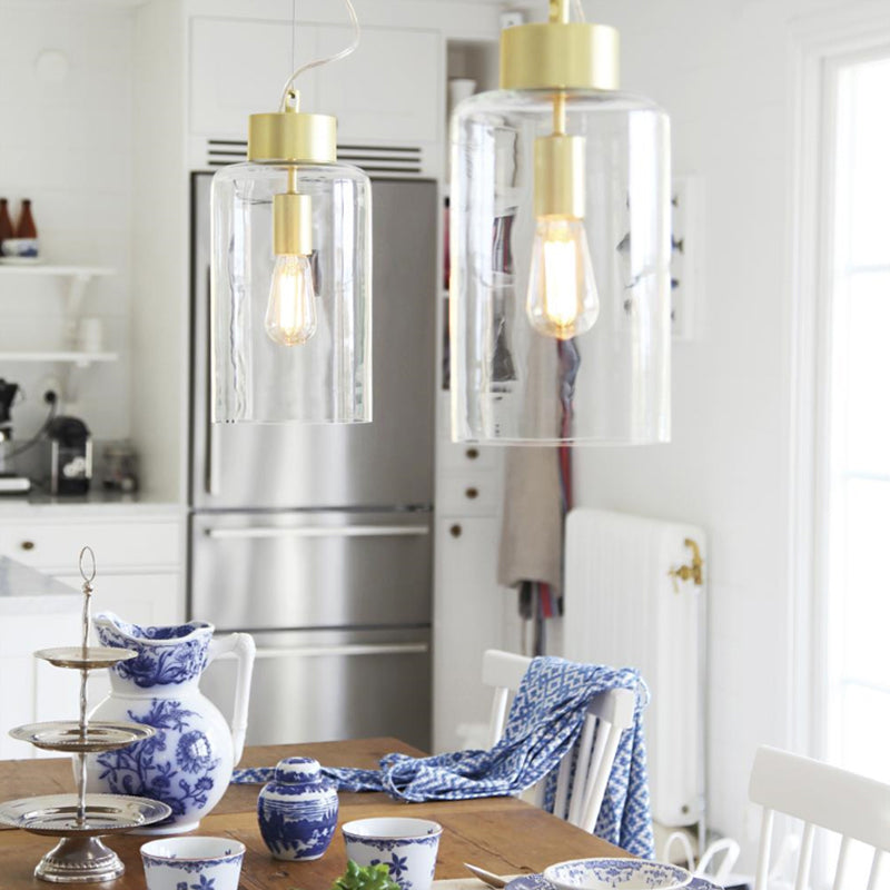 Brass Cylinder Hanging Light Fixture Modernism 1 Head Clear Glass Pendant Ceiling Light
