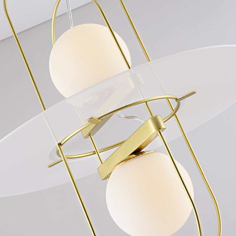 Lámpara de diseño de lámpara de lámpara de orbe de vidrio blanco 2 luces 2 luces colgantes de cocina con diseño de marco ovalado