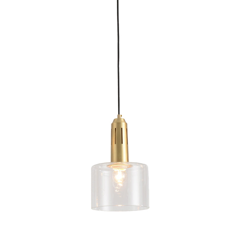 1 comedor ligero colgante lámpara colgante de latón posmoderno con cilindro sombra de vidrio transparente