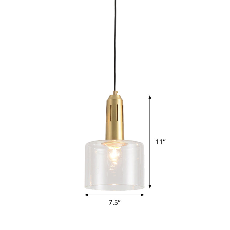 1 comedor ligero colgante lámpara colgante de latón posmoderno con cilindro sombra de vidrio transparente