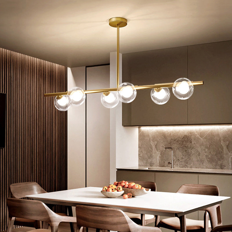 Linear Island Light Fixture Nordic Metal 6 Heads Gold Hanging Lamp with Globe Clear Glass Shade