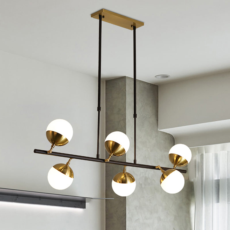 Linear Metal Island Ceiling Light Postmodern 6 Lights Black Hanging Lamp Kit with Opal Glass Shade