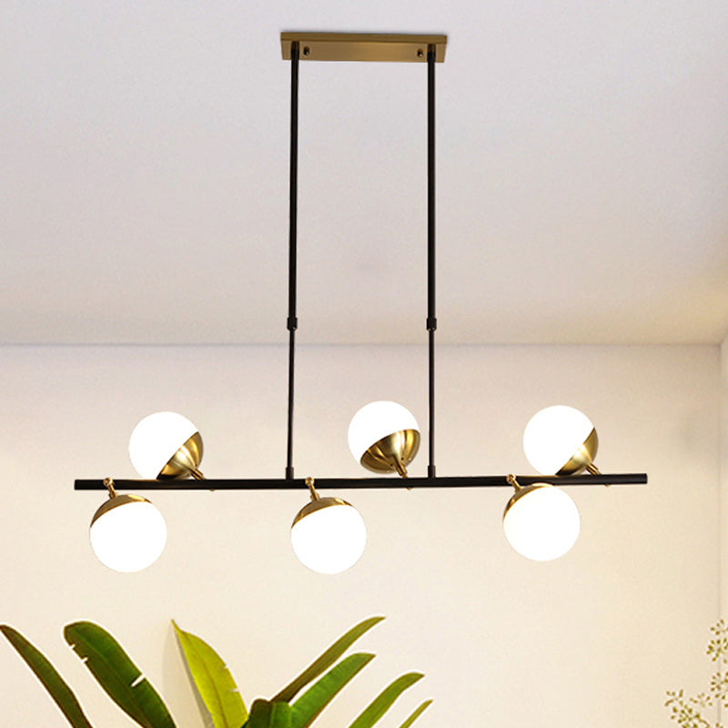Linear Metal Island Ceiling Light Postmodern 6 Lights Black Hanging Lamp Kit with Opal Glass Shade
