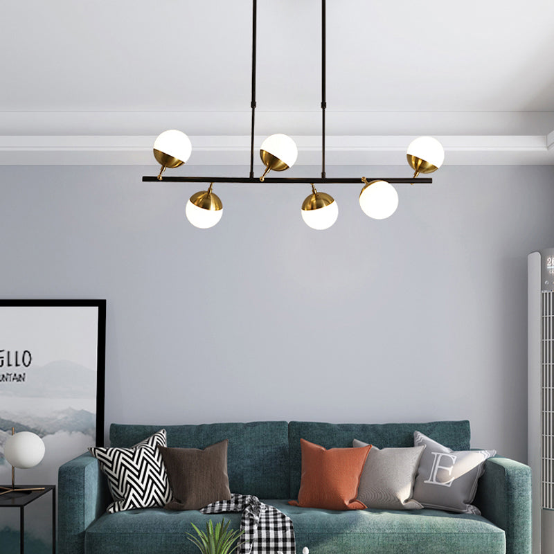 Linear Metal Island Ceiling Light Postmodern 6 Lights Black Hanging Lamp Kit with Opal Glass Shade