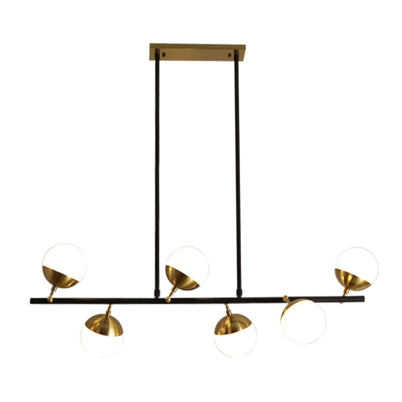 Linear Metal Island Ceiling Light Postmodern 6 Lights Black Hanging Lamp Kit with Opal Glass Shade