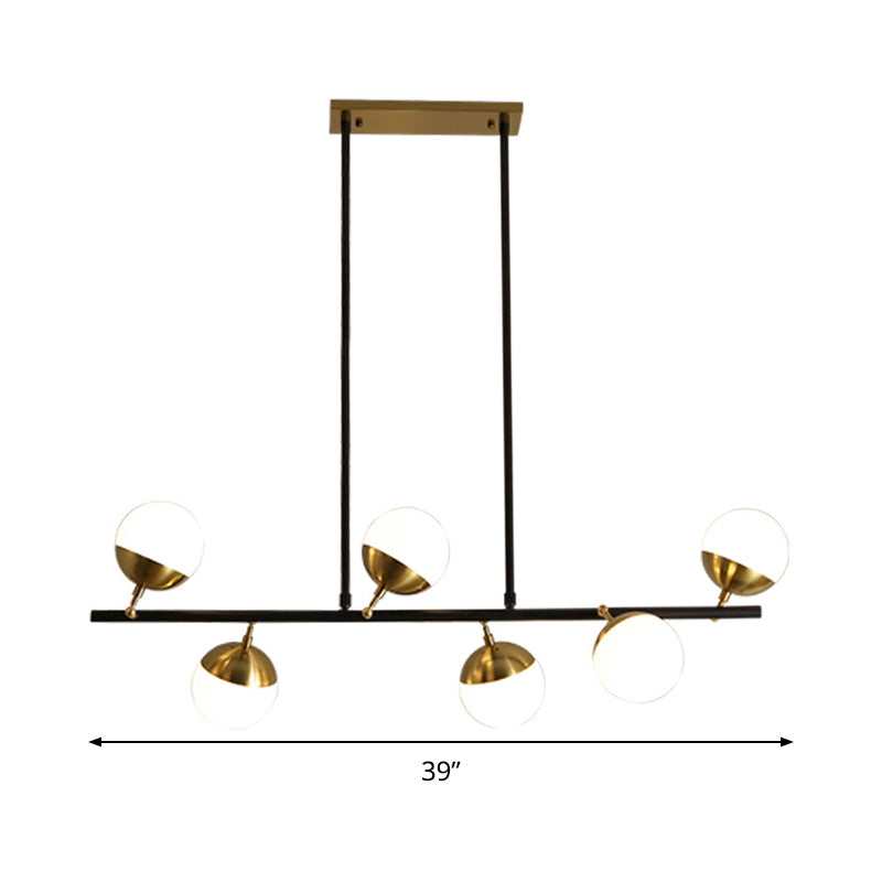 Linear Metal Island Ceiling Light Postmodern 6 Lights Black Hanging Lamp Kit with Opal Glass Shade