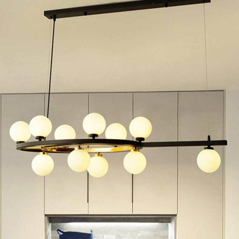 Black Oval Hanging Light Fixture Nordic 11 Heads Metal Island Lighting with Ball Opal Glass Shade