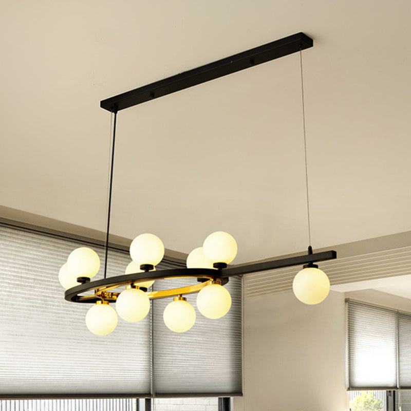 Black Oval Hanging Light Fixture Nordic 11 Heads Metal Island Lighting with Ball Opal Glass Shade