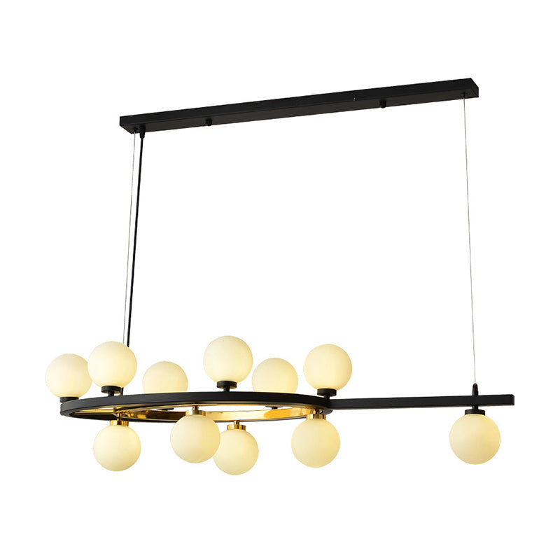 Black Oval Hanging Light Fixture Nordic 11 Heads Metal Island Lighting with Ball Opal Glass Shade