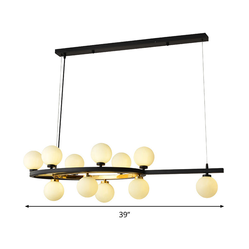 Black Oval Hanging Light Fixture Nordic 11 Heads Metal Island Lighting with Ball Opal Glass Shade