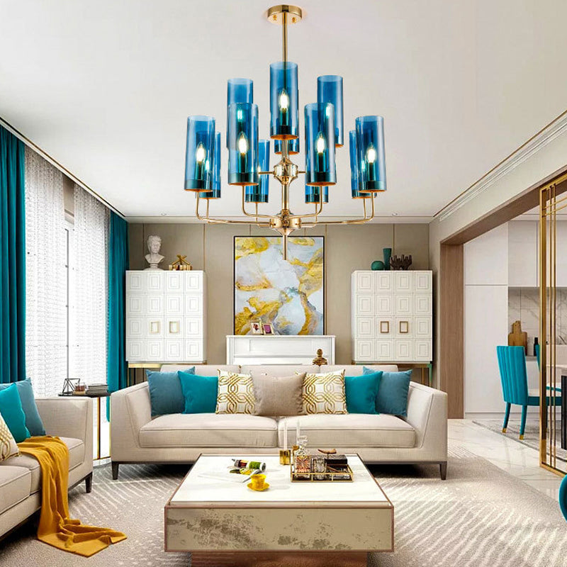 Zylinder Hanging Lamp Kit Postmoderne Blau/Cognac -Glas 12 Köpfe Esszimmer Kronleuchter Beleuchtung