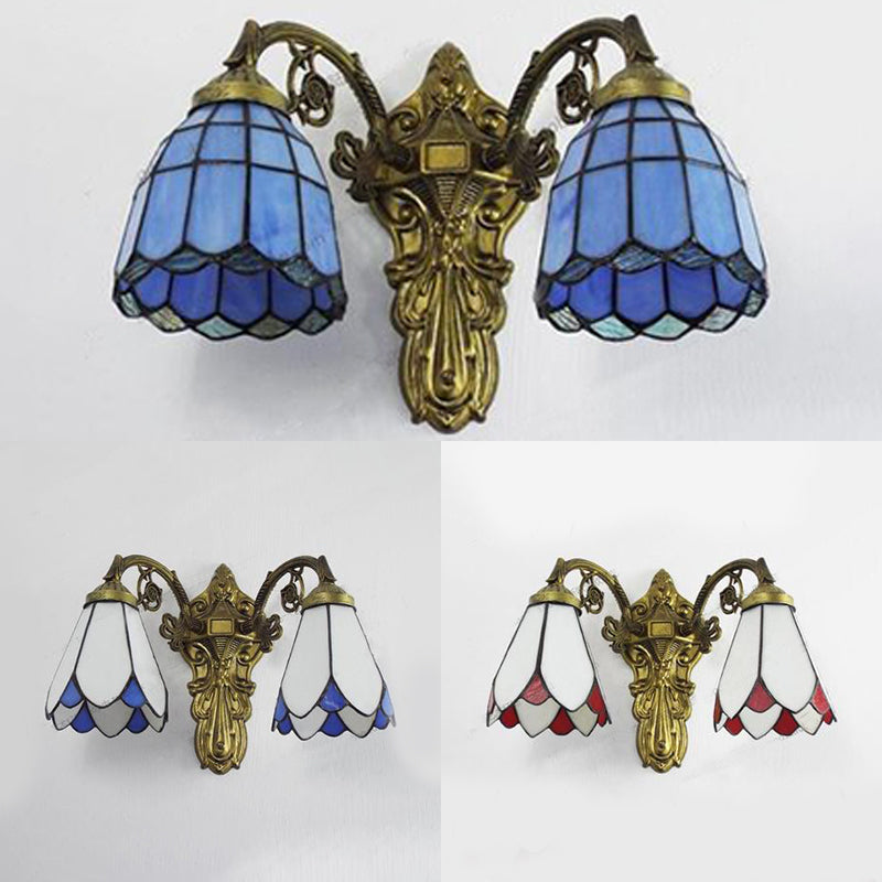 Stained Glass Wall Light with Curved Arm Tiffany Style Double Sconce Light in Red/White/Blue for Bedroom Lighting