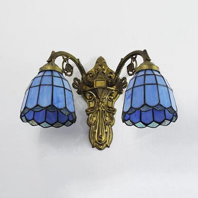 Stained Glass Wall Light with Curved Arm Tiffany Style Double Sconce Light in Red/White/Blue for Bedroom Lighting